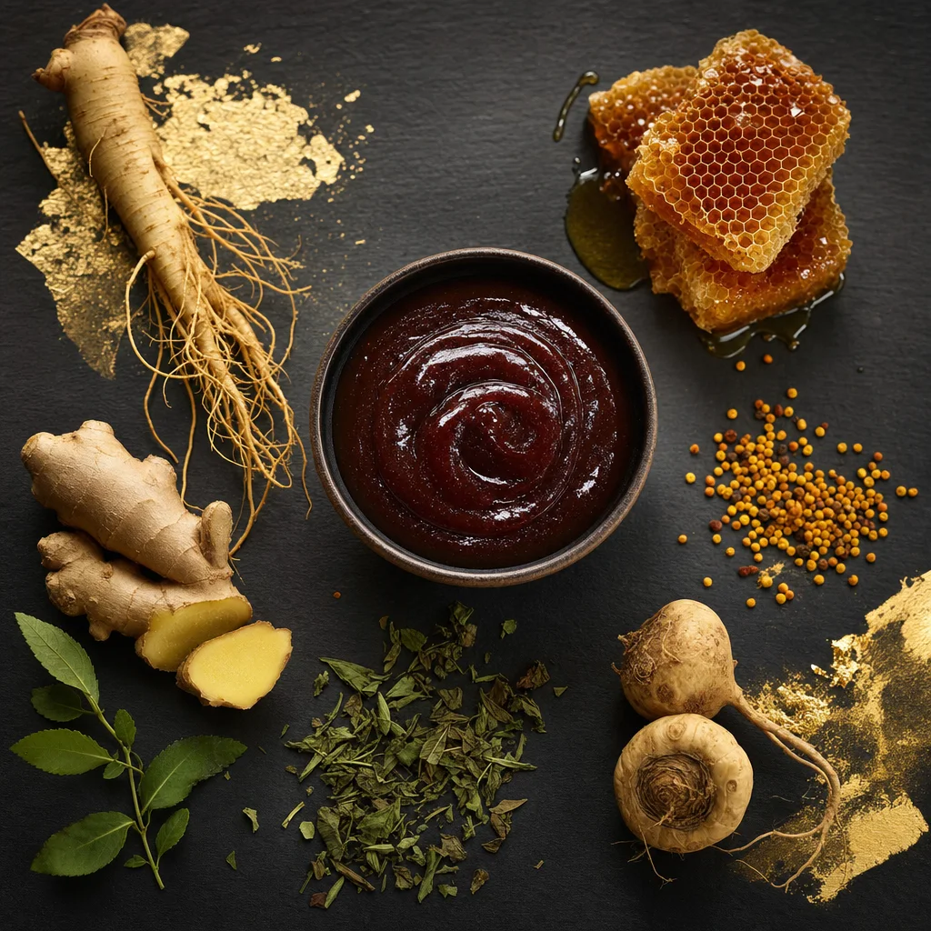 Honingraat, ginseng, gember en kruiden op een donkere leisteen ondergrond
